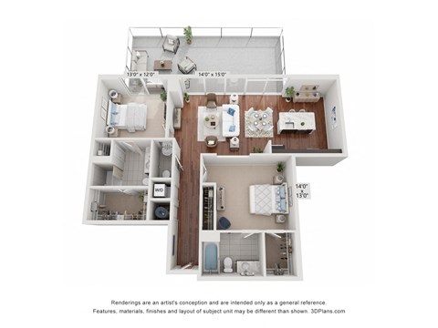 Floor plan for 2 beds, 2.5 baths, 1319 sqft